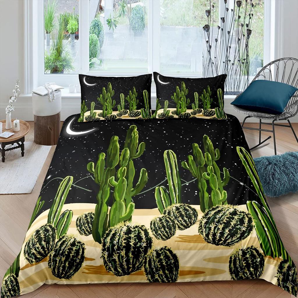 Cactus Duvet Cover Set King Size Hand Painted Style Bedding Set Nature Art Prints Comforter Cover Green Plant Cactus Quilt Cover