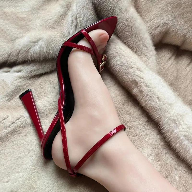 2024 New Super High Heel Open Toe Versatile Sandals Female Pointed Head Fine Heel Banquet Red High Heels Sexy Women Shoes Slides