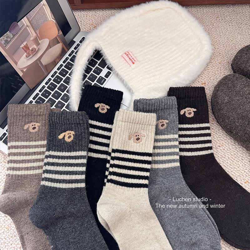 Korean Style Women's Mid-Calf Socks - Autumn/Winter Striped, Cartoon Puppy Embroidery, Warm Vintage Design