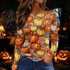 Women's Long Sleeve Round Neck Top with Halloween Print and Side Split Hem