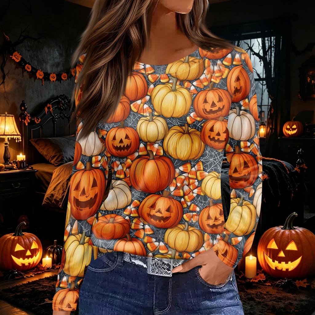 Women's Long Sleeve Round Neck Top with Halloween Print and Side Split Hem