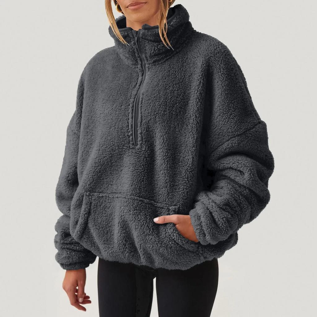 Female Winter Warm Wool Plush Fashion Casual Long Sleeve Pocket Drawstring Half Zipper Thick Pullover Sweatshirt
