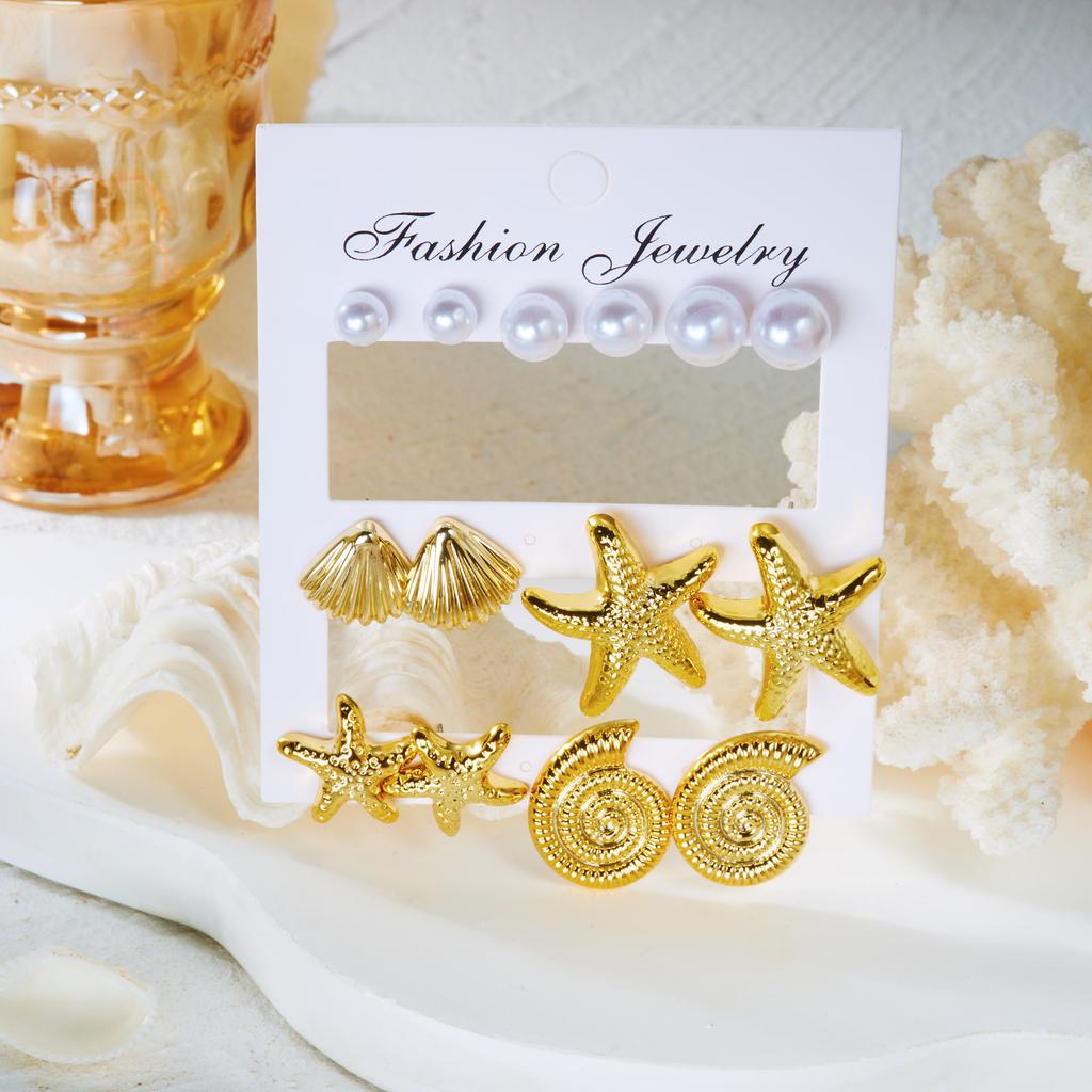 Summer CCB Starfish Seashell Conch Stud Earrings Set for Women Gold Color Star Geometric Earrings Trendy Seaside Beach Jewelry