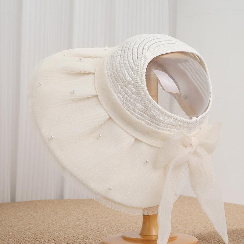 New splicing bow pearl empty top hat women's spring and summer mesh sunscreen hat big brim sweet sunshade sun hat
