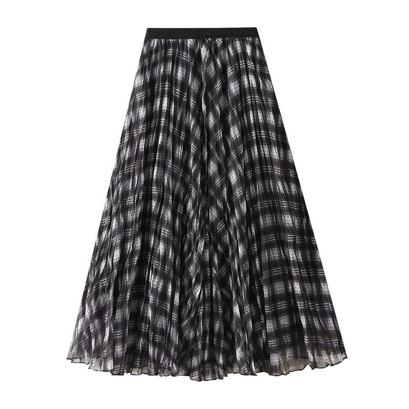 Qooth Autumn Brown Plaid Skirt for Women A-Line Maxi Length Slim Half Skirt QT2745