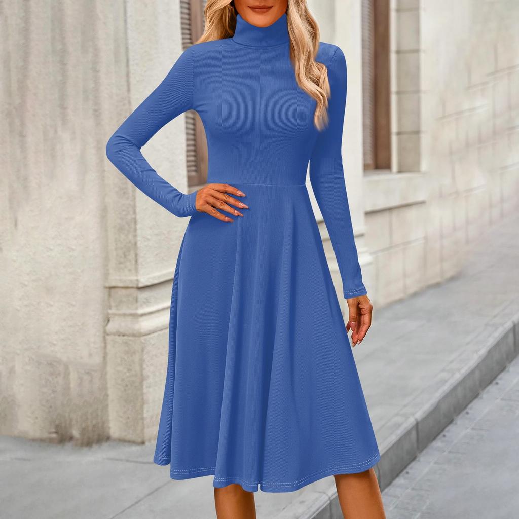 Women's Casual Fashion High Neck Long Sleeve Color Midi Dress