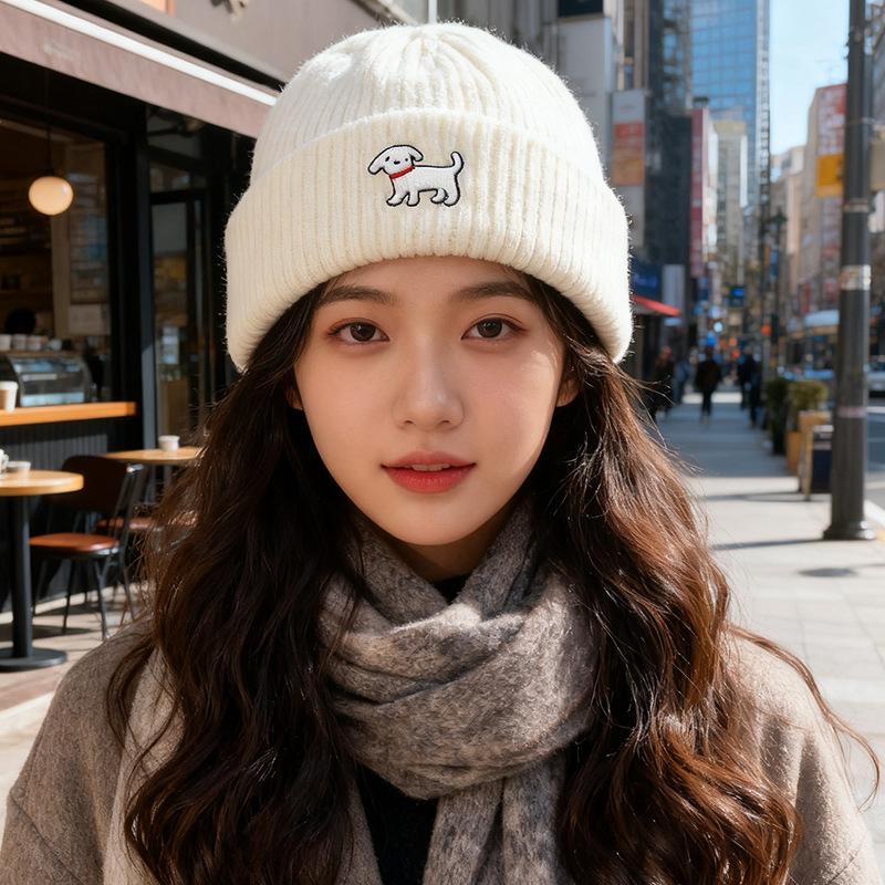 Bestickte Strickmütze für Damen Herbst und Winter Koreanische Version All-Match Wollmütze Kleines Gesicht Großer Kopfumfang Warme Mütze