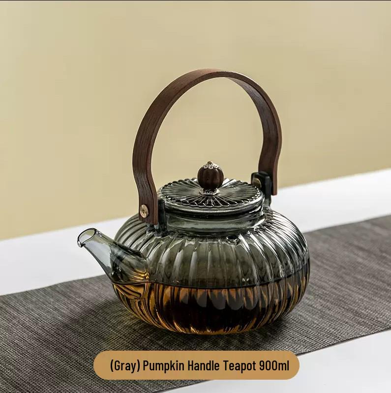 High-Temperature Resistant Pumpkin Glass Tea Set with Striped Design and Tea Infuser