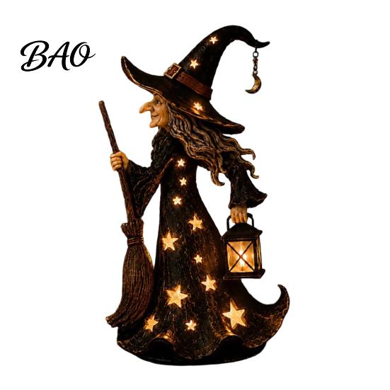 Rustic Festive Desk Accessory Halloween Witch Figurine with Star Light, Resin Tabletop Nightlight Lantern, Collectible Wizard Hat Broom Statue