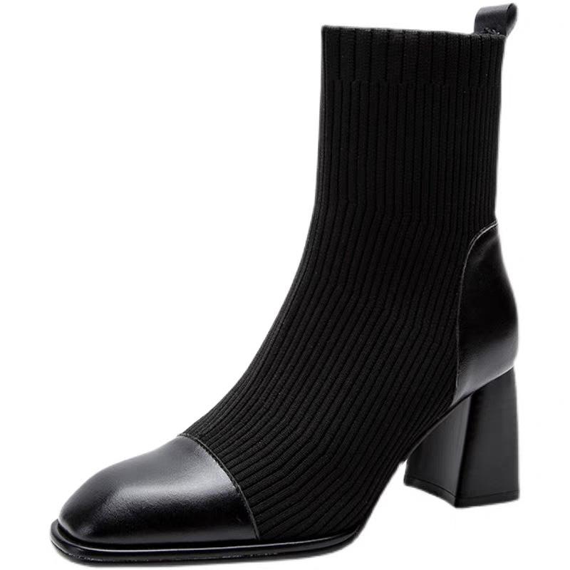Black Women's Short Ankle Boots Sock Footwear Modern Booties High Heels Leather Heeled Autumn Boot Slip on Shoes for Woman