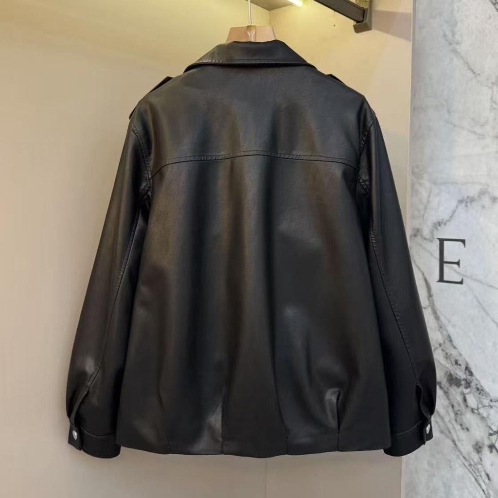Women's Plus-Size Leather Jacket V-Neck Soft Leather Coat Loose Motorcycle Jacket Spring