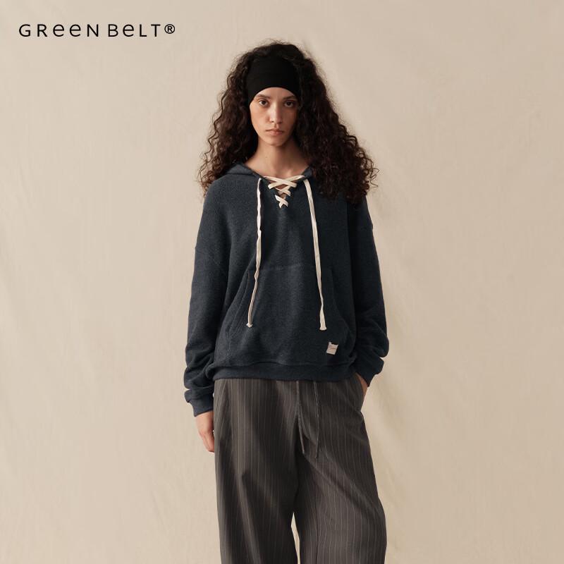 GREEN BELT American Retro Drawstring Hooded Sweatshirt S