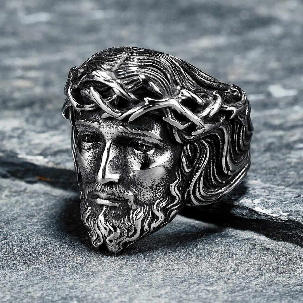 316L Edelstahl Herrenring Christlicher Jesus Gesicht Ringe Religion Amulett Punk Rock für Männer Biker Freund Schmuck Bestes Geschenk