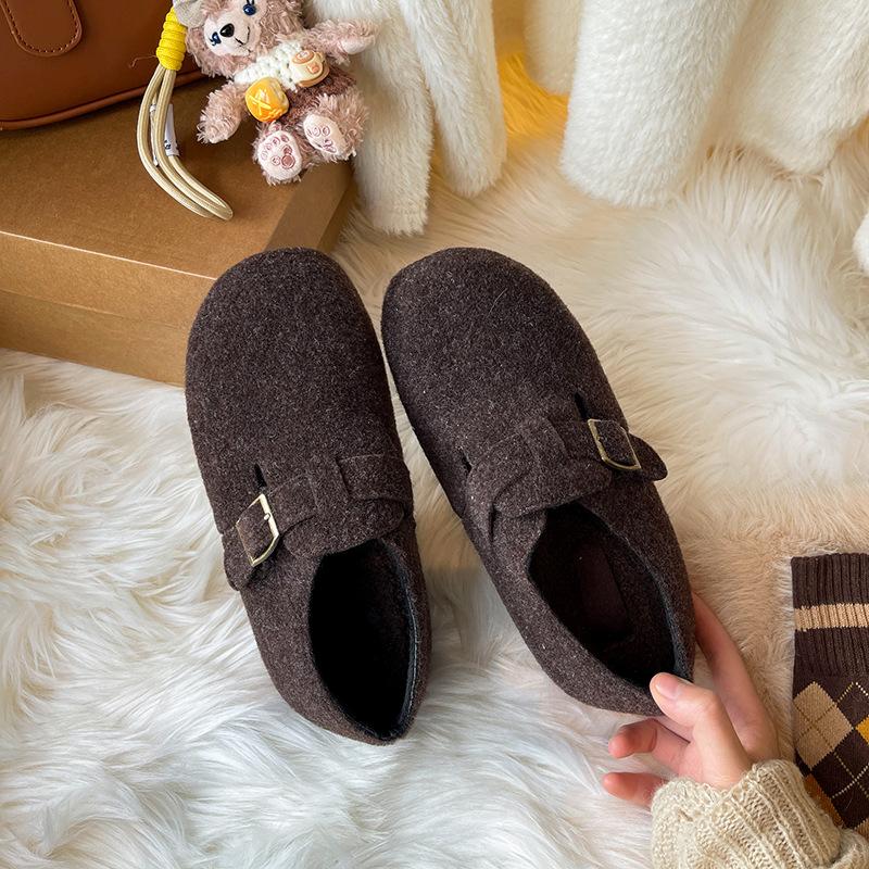 

Шерстяная версия толстая подошва бархатный теплый мешок для головы пушистые полутапочки женская зимняя ретро на одном педале 39