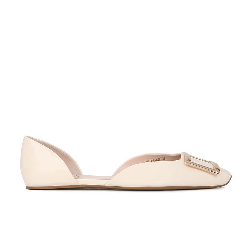 [] Female Director of Investment Bank~ Square Head Square Buckle Leather Hollow Single Shoes Women's Flat Shoes Commuting