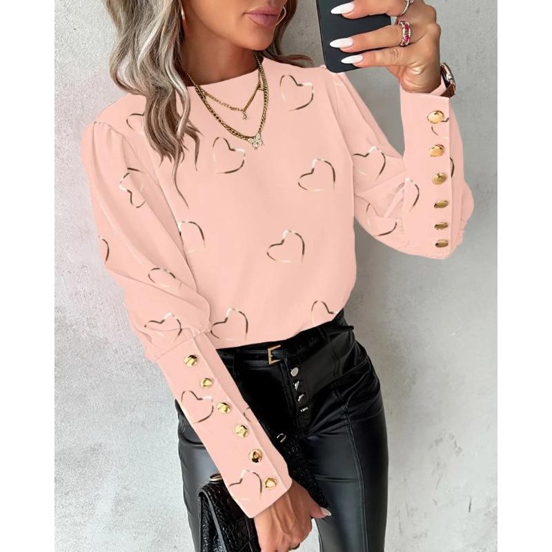 Autumn and Fashionable Printed Long Sleeved Love Style Round Neck Button Up Blouse Shirt for Women
