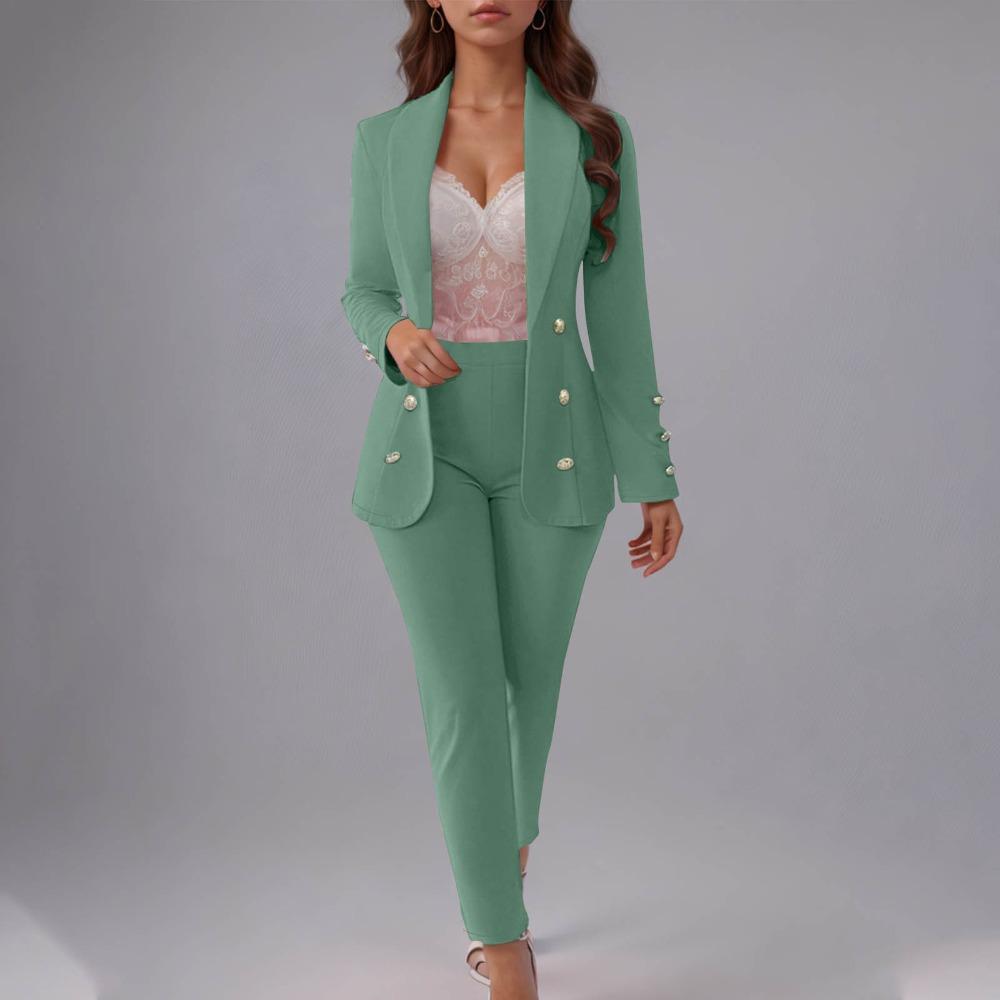Women's 2 Piece Outfits Lapel Long Sleeve Button Blazer & High Waist Pants Suit Set