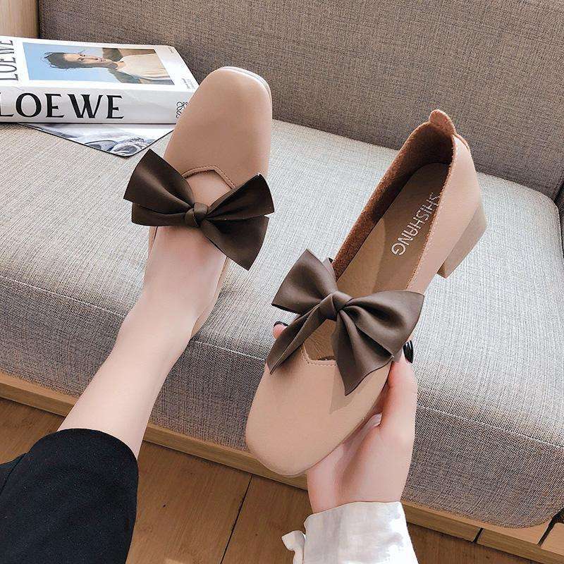Spring and Summer Single Shoes Female Versatile 2025 New Middle Heel Bow Evening Gentle Shoes Fairy Grandma Doudou Shoes