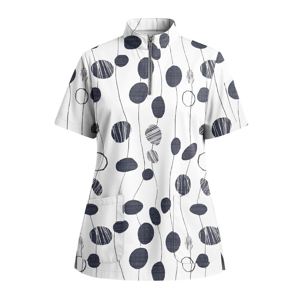 Women's Short Sleeved Printed V-neck Buttonable Side Slit Top T-shirt