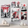 Pintura Decorativa Estilo Japonês Preto Vermelho Guerreiro Samurai Sol Vermelho Fuji Pôsteres Impressões para Decoração de Parede da Sala de Estar Sem Moldura