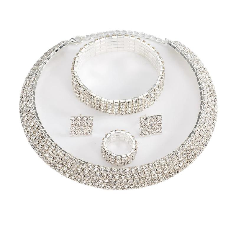 New Fashion Necklace Earrings Ring Bracelet Four-piece Set, Full Diamond Three-Row Collar Bridal Suit Women