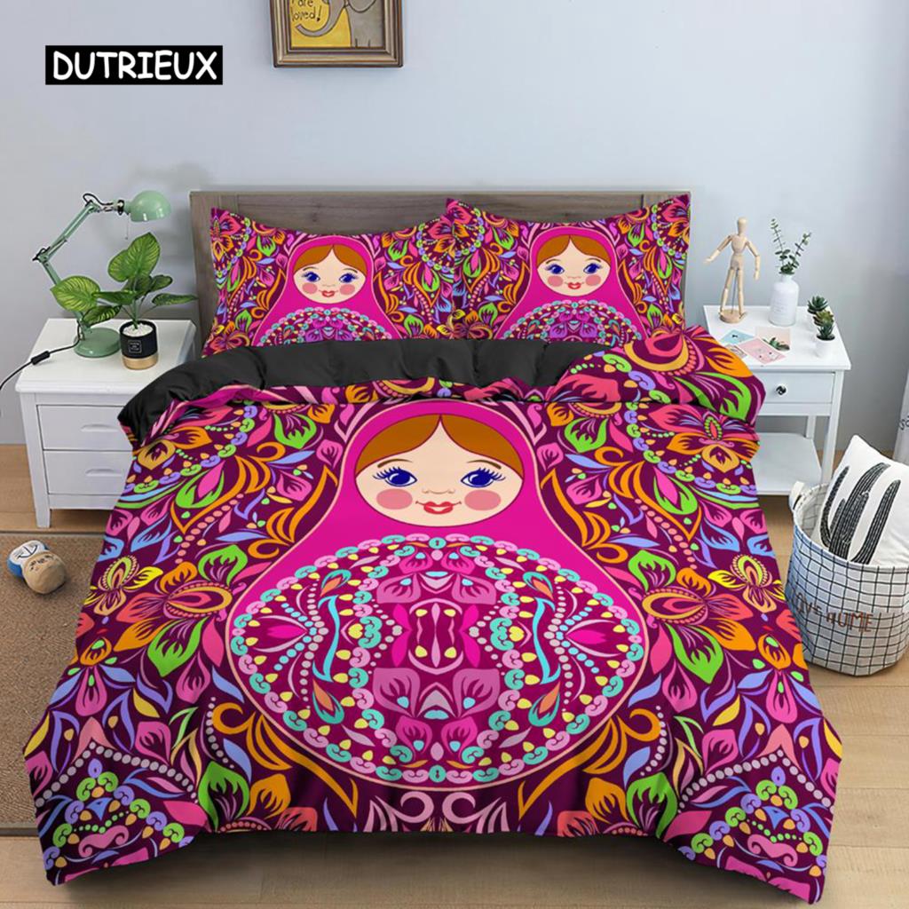 Russian Dolls Duvet Cover Set Microfiber Cute Pattern Comforter Cover Russian Exotic Style for Kids Teen Double Queen King Size