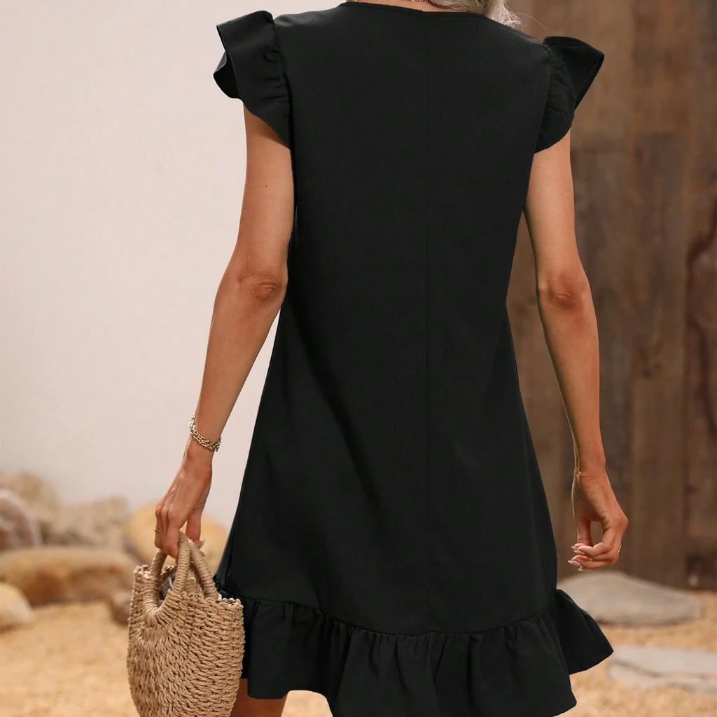 2025 Summer New European and American Style Solid Color V-neck Flying Sleeve Ruffle Edge Dress Women's Vacation Casual Temperament Dress