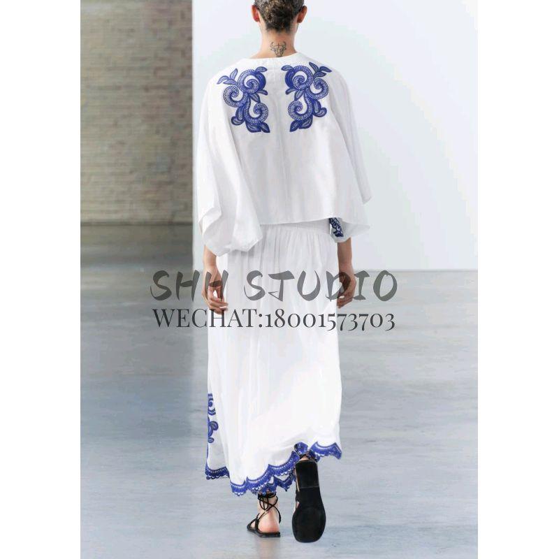 Spring New V Neck Long Sleeves Contrast Color Embroider Shirt 5107240 Elastic Waist Mid Waist Skirt 5107245