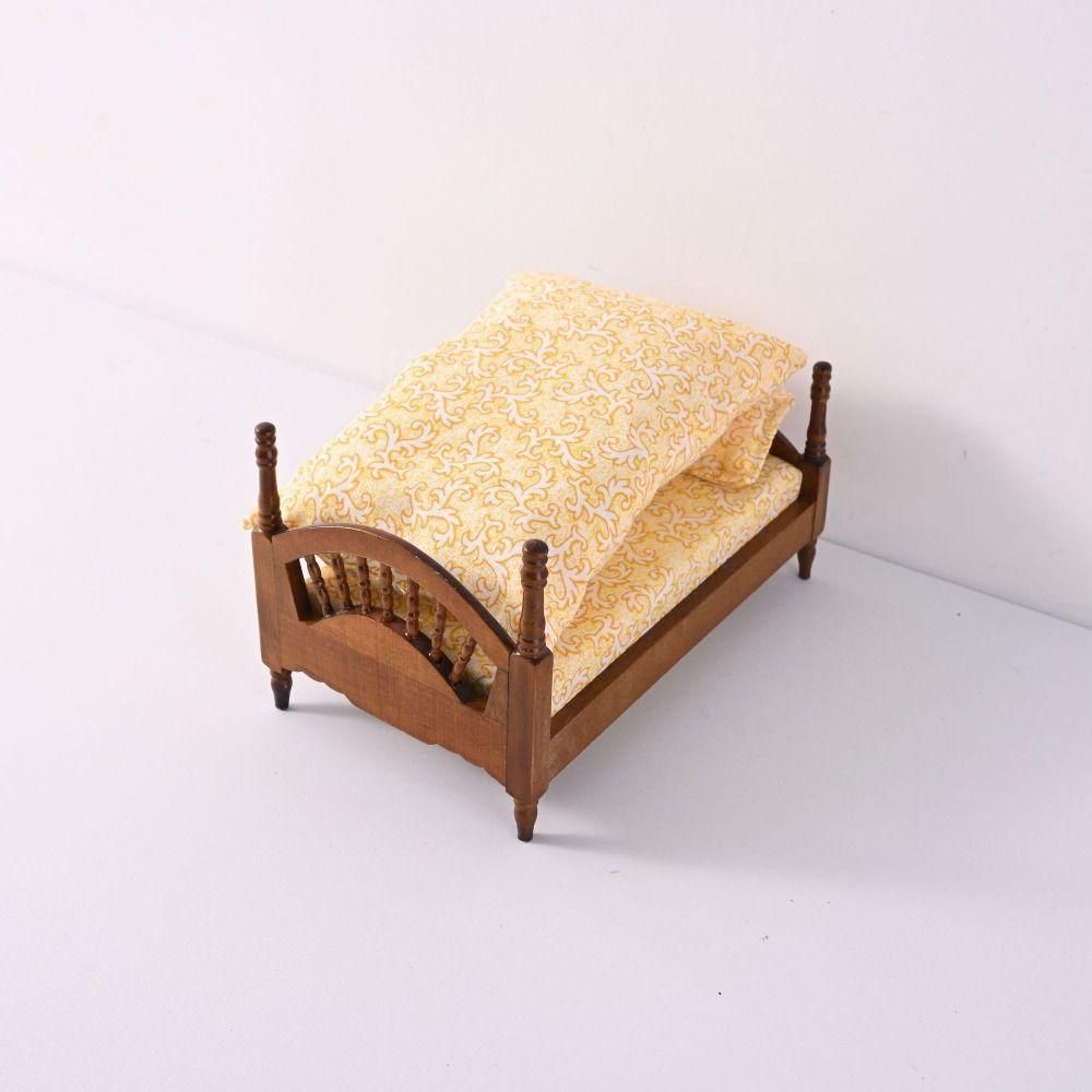 Bedroom Dollhouse Wood Bed 1:12 Simulation Single Bed Miniature Wood Bed  Pretend Play
