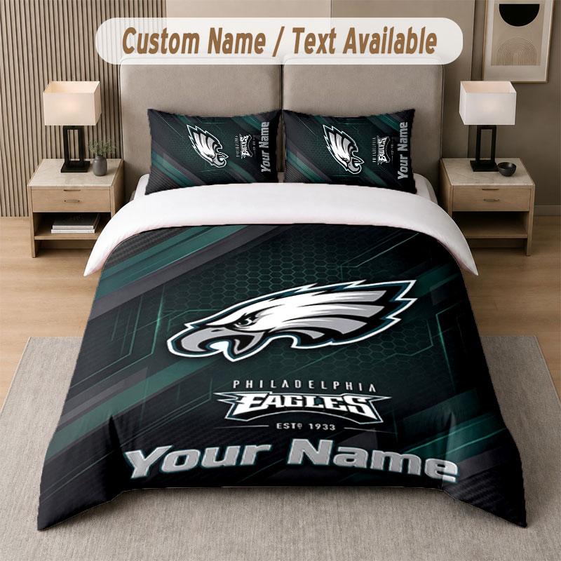Custom Bedding Set Philadelphia Eagles Pattern, Print Name Text 1 Duvet Cover plus 2 Pillowcases Home Textile