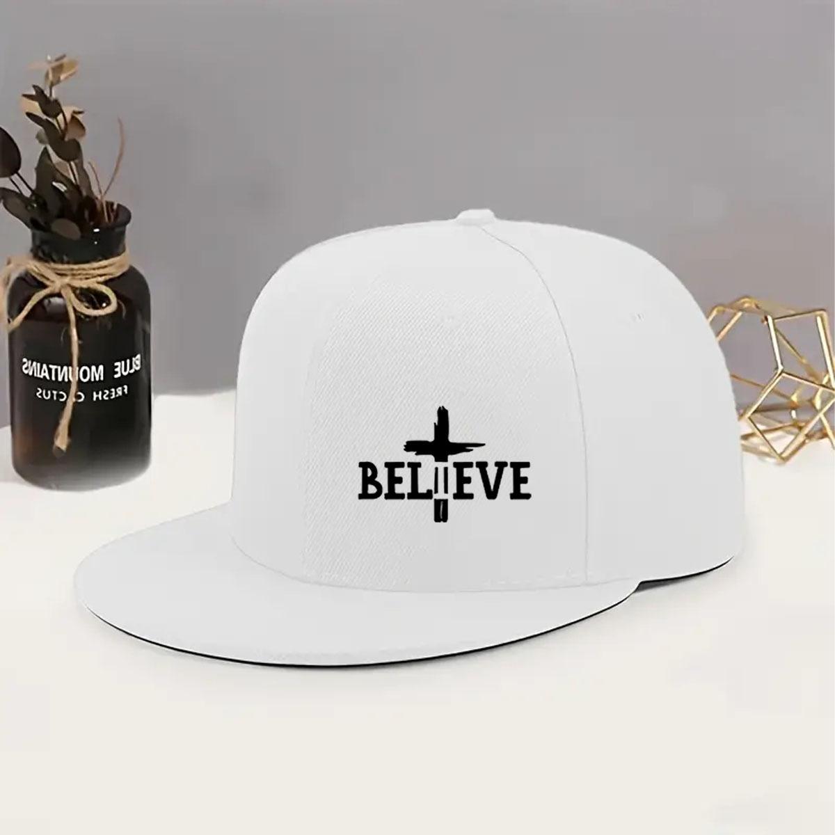 

Believe Cross Graphic Print Baseball Cap Unisex Polyester Flat Brim Snapback Casual Outdoor Hat One Size