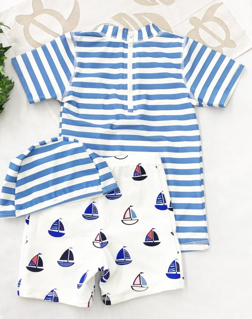 Emfay Short Top and Bottom with Rash UV 4T Boys' Swimsuit, Sleeve, Striped, Set, Cap, Guard, Swimwear, Protection,