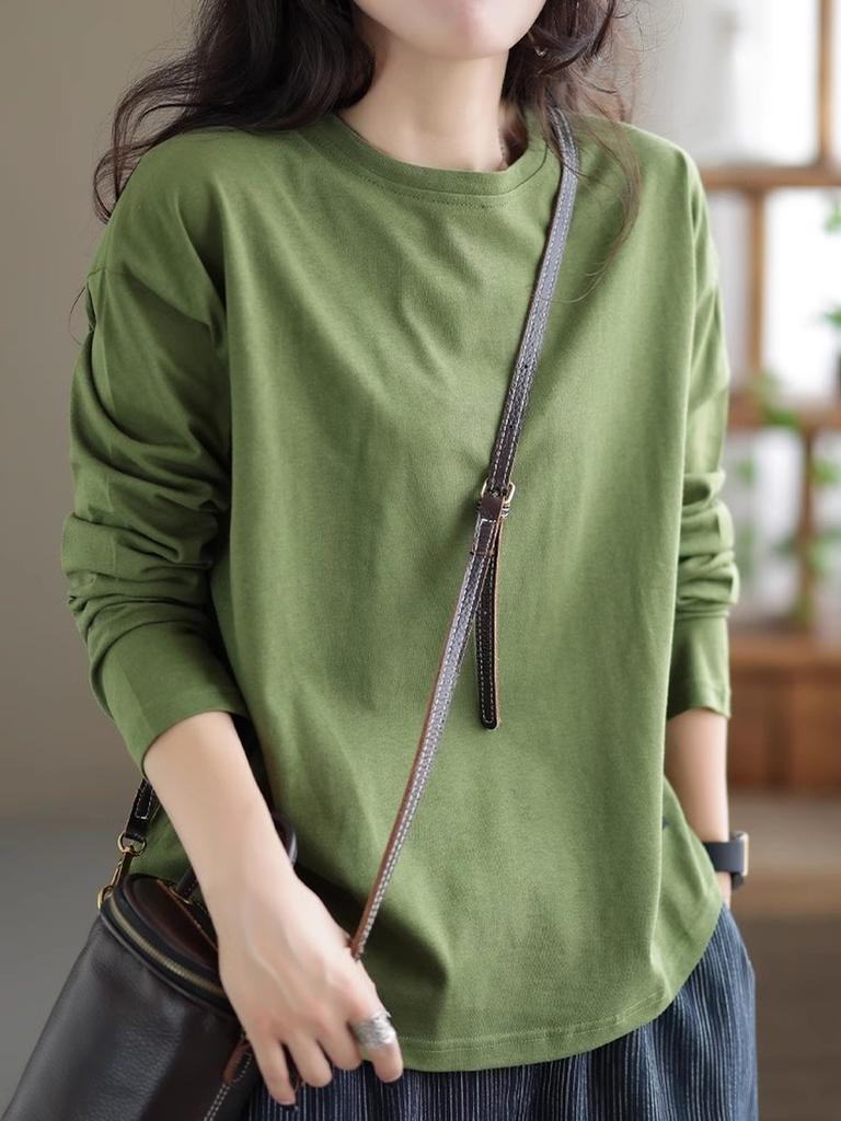 Maieu Dintr-o Singură Culoare Vintage Decupat Femei Toamnă Iarnă Stil Nou Casual Mânecă Lungă Largă Tricou Top Femei Trendy