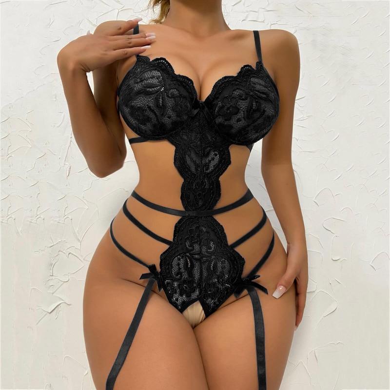 Crotchless Underwear Women Lace Transparent Bra Set Female Bodysuit Deep V Bra Sexy Lingerie Set