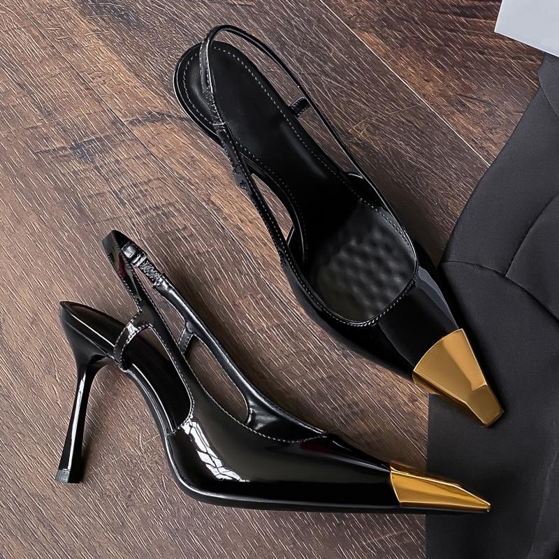 Summer Women's High Heel Sandals Metal Small Square Head Back Hollow Sandals Women's Side Hollow Iron Head High Heels