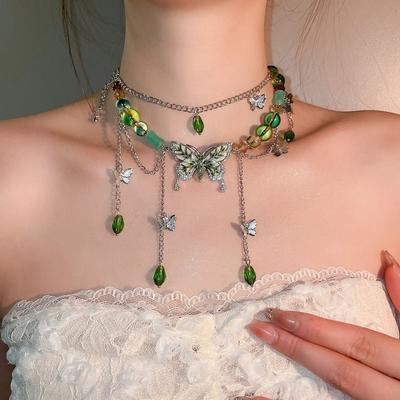 Green Crystal Butterfly Pendant Necklace Y 2 K Rhinestone Butterfly Necklace  Girls Gift
