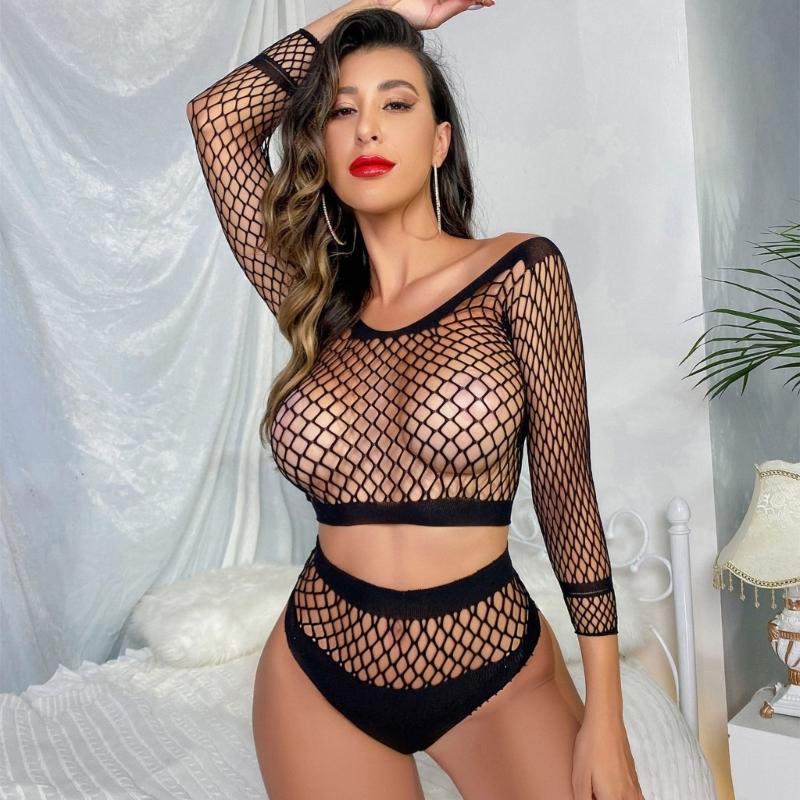 Women Sexy Mesh Lingerie Fishnet Babydoll Bodysuit Long Sleeve See Through Shirts 2Piece Lingerie Set Stripper Outfit