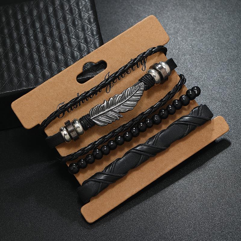 Set Of 6 Black Handmade Woven Pu Leather Bracelet For Men Multi Pack Fashion Vintage Braided Bangle As Birthday Gift