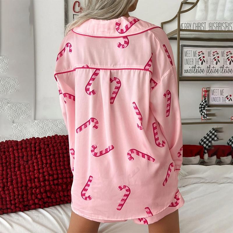 Christmas Pajamas Set Women Candy Cane Print Single Breasted Long Sleeve Shirt Top with Shorts Sleepwear Loungewear