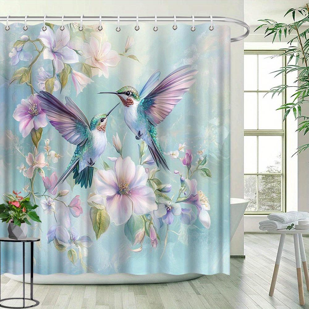 1 Stück Skurriler Kolibri & Blumiger Duschvorhang - Schillernd Grün, Blau, Lila Vögel Mit Pastellrosa, Lila, Weißen Blumen