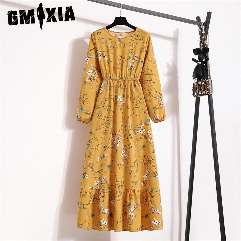 GMXIA 25 Colors Spring Women Maxi Dresses Casual Long Sleeve Floral Print O-Neck Ladies Long Dress Bohe Beach Party Mujer Vestidos Muslim Dress