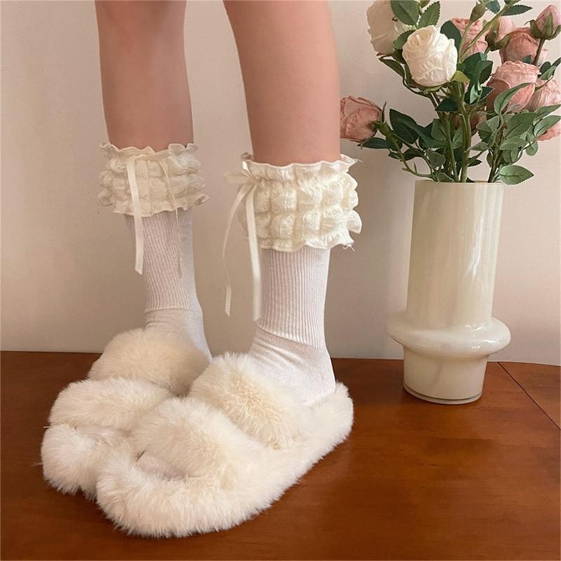 1 Pair Princess Style Dress Socks for Girls Sweet Frilly Socks Ballet Socks Ruffle Ankle Socks with Bows Lace Top Sock