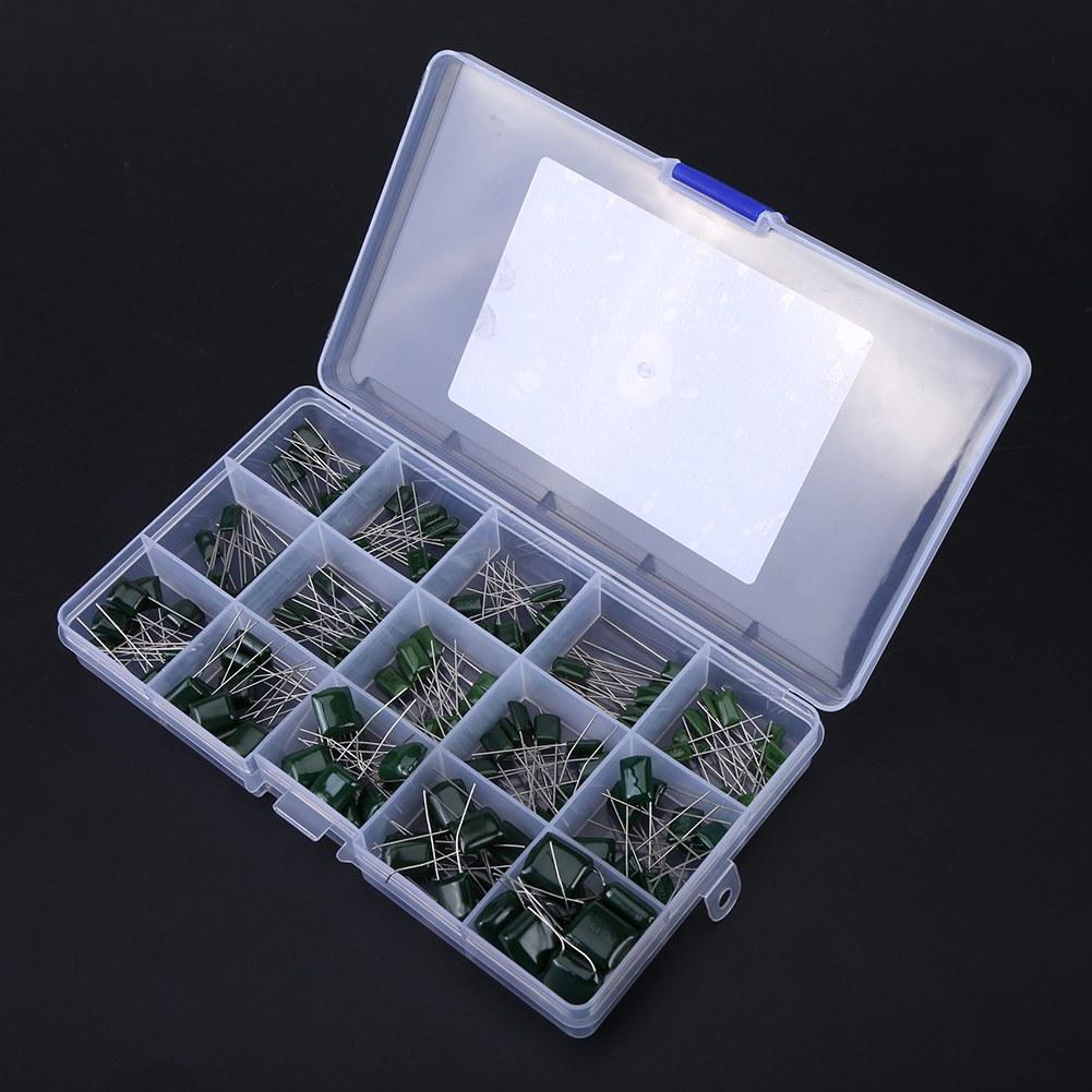 150pcs 100V 15 Value 0.33nF 470nF Polyester Film Capacitors Assortment Kit Box