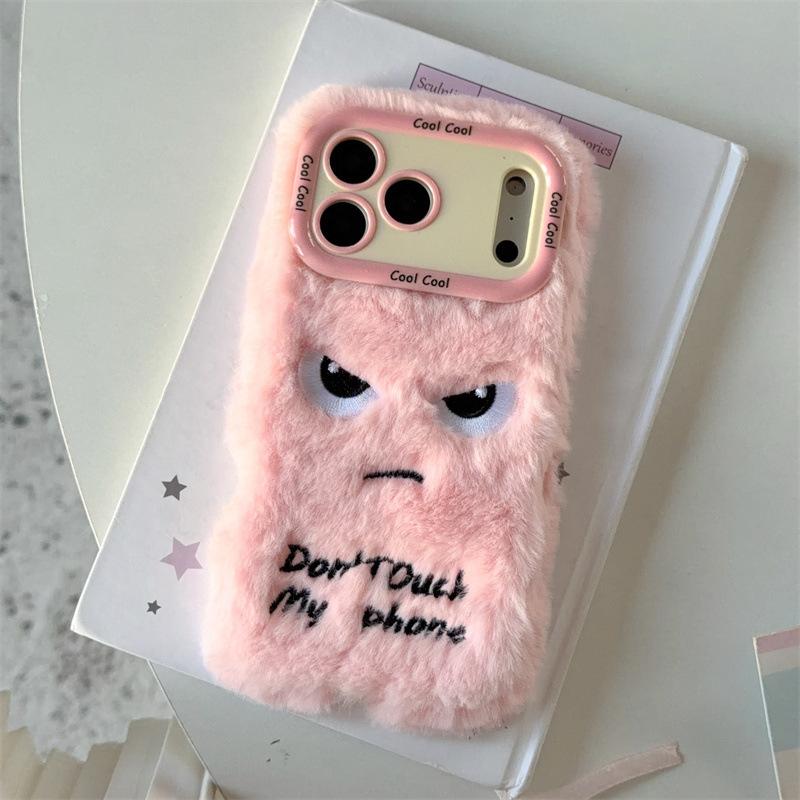 Cartoon Angry Face Expression Fluffy Plush Phone Case For iPhone Air 11 12 14 13 15 16 17 Pro Max Lens Bracket Shockproof Cover