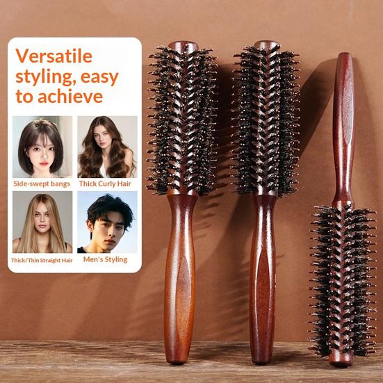 Boar Bristle Round Hair Brush Ergonomic Wooden Handle Men Women Hair Straightening Curling Volumizing Detangling Styling Comb