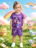 Summer New Arrival Girls Purple Cartoon Character Print Short Sleeve Shorts Set