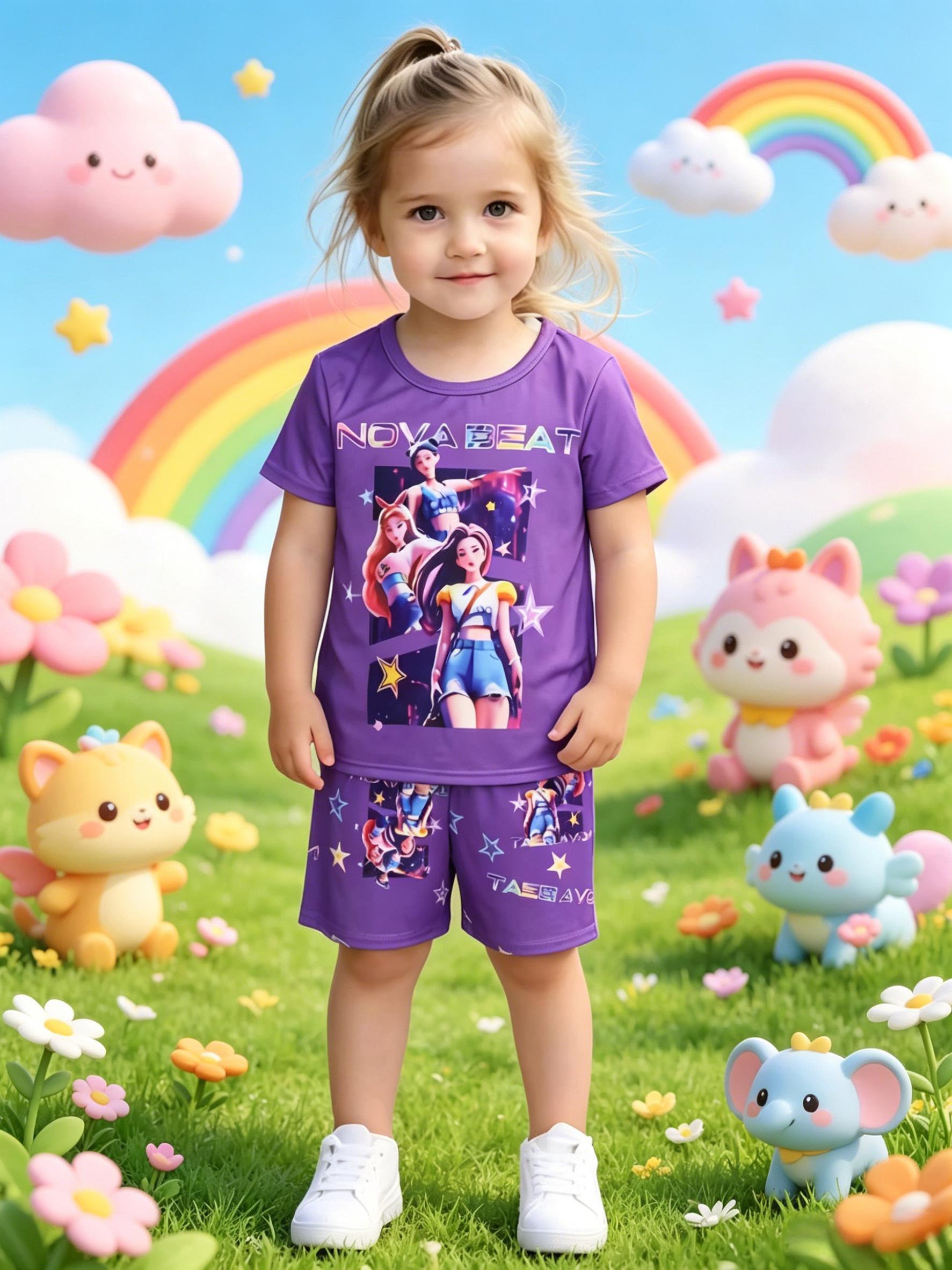 Summer New Arrival Girls Purple Cartoon Character Print Short Sleeve Shorts Set 1-2Y