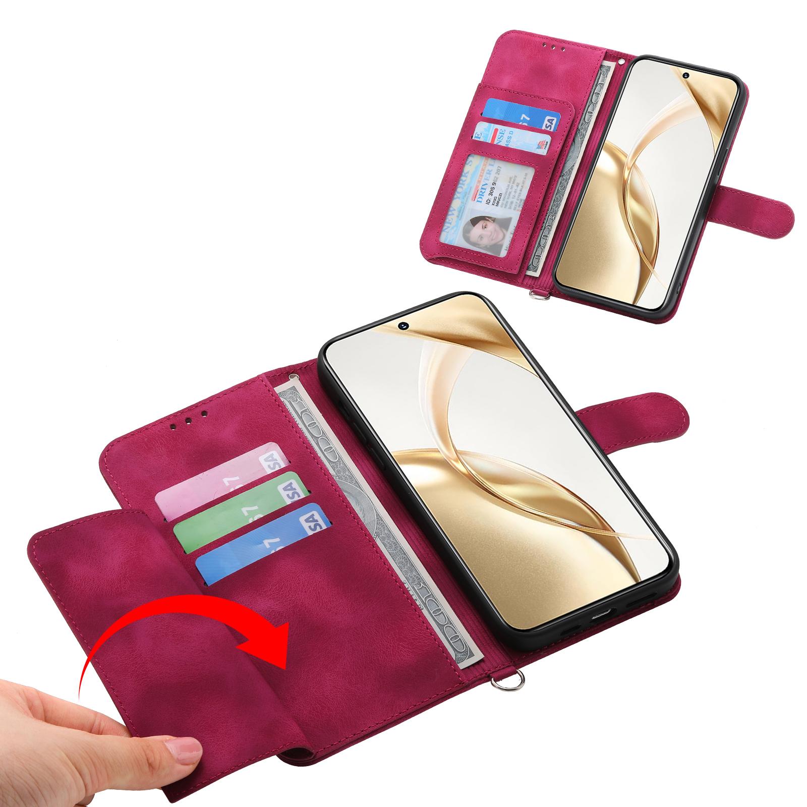 

For Honor 300 Case Flower Pattern PU Leather Wallet Phone Cover with Strap Wine Red