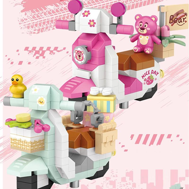 NEW Cute Electric Vehicles Bicycle Motorcycle Little Yellow Duck Bear Building Blocks Kit Girls Bricks Model Kids Toy Children