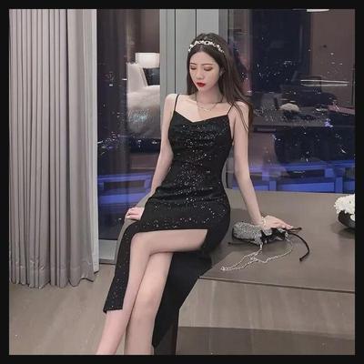 Chic French Hepburn-Style Sequin Suspender Dress - Elegant Summer Slit Little Black Dress